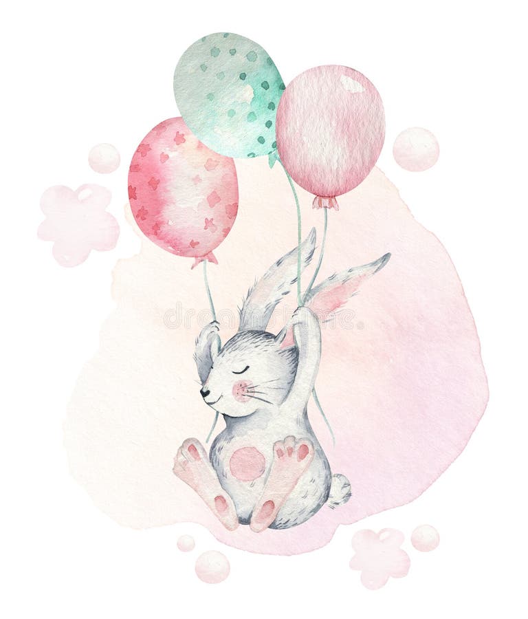 Hand drawn watercolor happy easter set with bunnies design. Rabbit balloon fly, isolated boho illustration on white