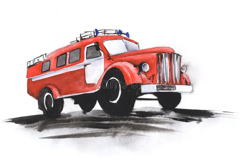 Hand drawn watercolor illustration. An abstract fire truck in the old style rushes to the fire. Red body, black wheels. dynamic
