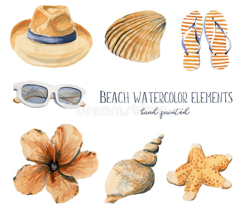 Hand drawn watercolor illustration beach set of objects hat seas royalty free illustration
