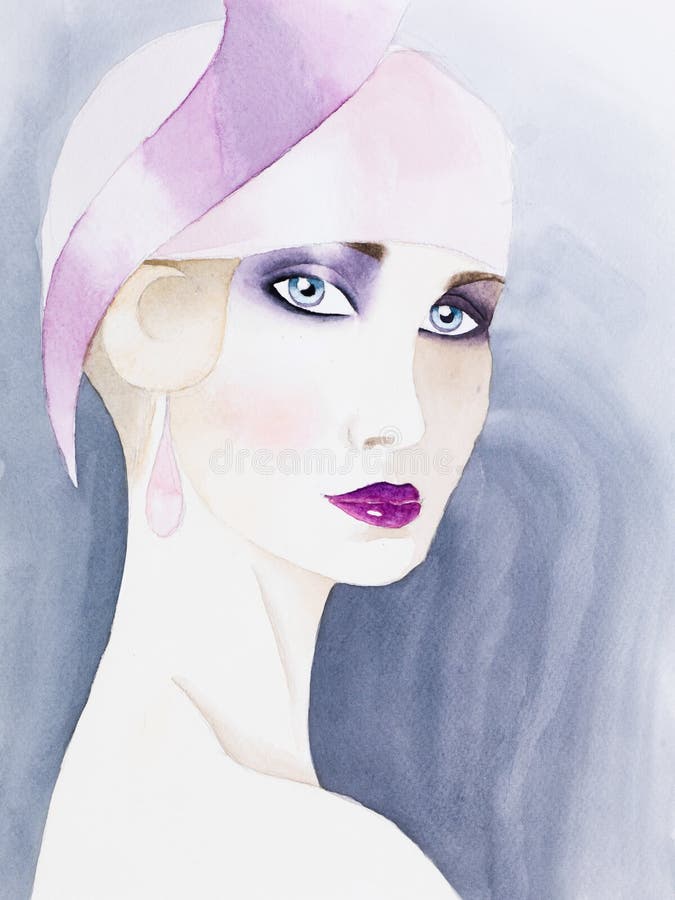 Hand drawn watercolor illustration of mysterious woman