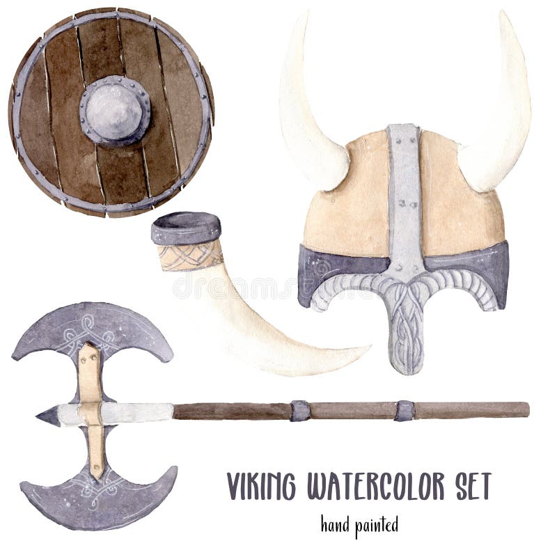 Hand drawn watercolor illustration boy clipart vikings set isolated objects blue yellow shield helmet with horns labrys