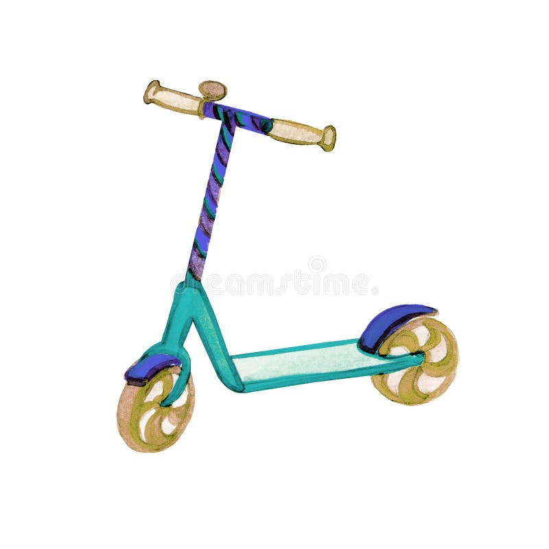 Hand drawn watercolor illustration child colorful scooter on white background for healthy lifestyle design. vector illustration Hand drawn watercolor illustration child colorful scooter on white background for healthy lifestyle design. vector illustration
