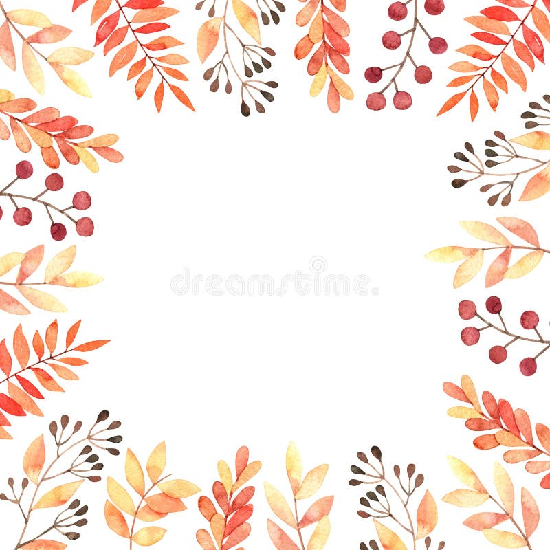 Hand drawn watercolor illustration. Frame with fall leaves, spruce branch and berries. Forest design elements. Hello stock illustration Hand drawn watercolor illustration. Frame with fall leaves, spruce branch and berries. Forest design elements. Hello stock illustration