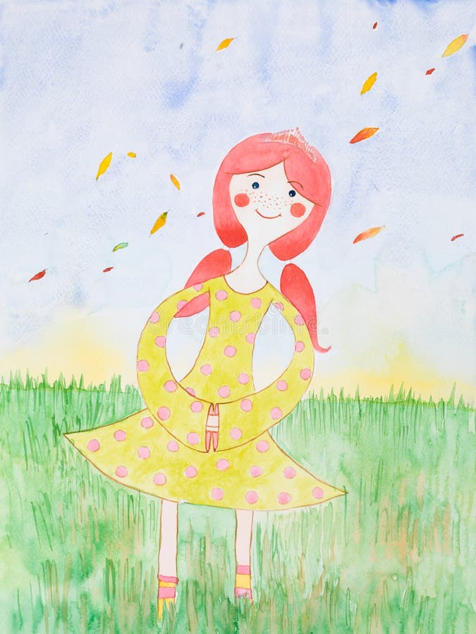 Watercolor illustration, young girl in fall season