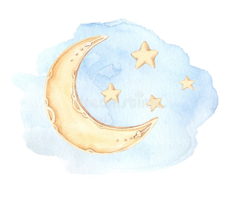 Hand Drawn watercolor illustration - Good night sleeping moon
