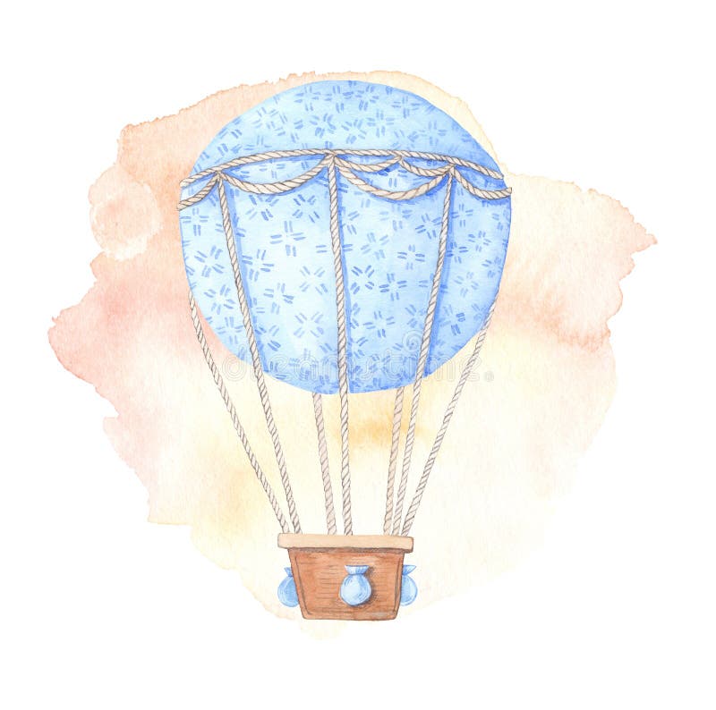 Hand drawn watercolor illustration - hot air balloon in the sky.