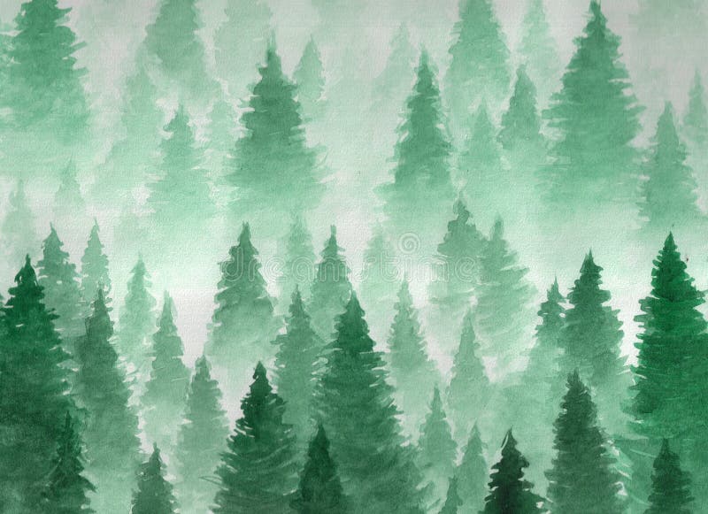 Hand drawn watercolor illustration. Landscape of cloudy, mystic , coniferous forest on ye mountaind. royalty free illustration Hand drawn watercolor illustration. Landscape of cloudy, mystic , coniferous forest on ye mountaind. royalty free illustration