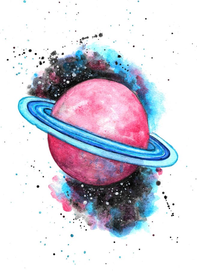 Watercolor Illustration of Pink Planet with Blue Rings in Space Stock ...