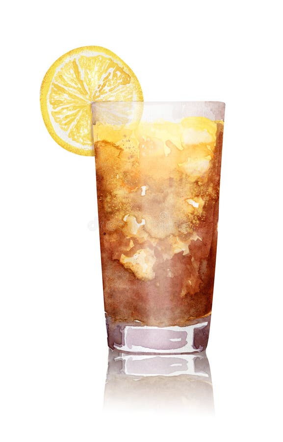 Hand-drawn watercolor illustration of long island ice tea cocktail with lemon and reflection on white background. Hand-drawn watercolor illustration of long island ice tea cocktail with lemon and reflection on white background