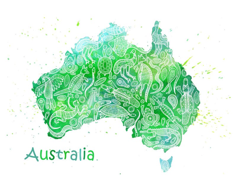 Hand Drawn Watercolor Map of Australia with Drawings by Australian