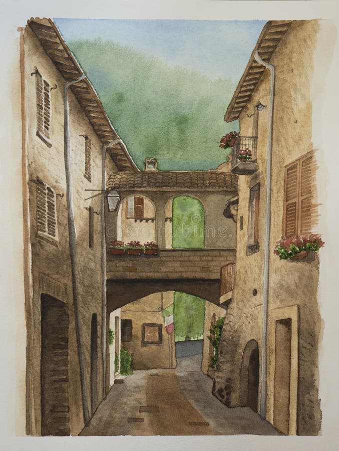 Hand-drawn watercolor medieval town Scheggino in Umbria, Italy