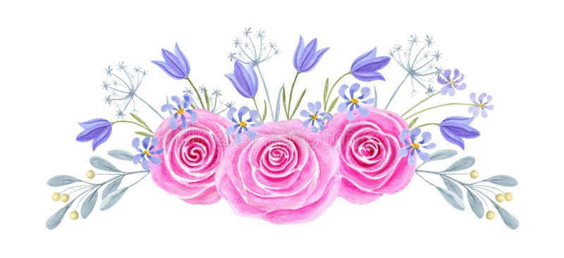 Hand drawn watercolor painting with pink roses and bluebell flowers bouquet isolated on white background. Floral ornamen