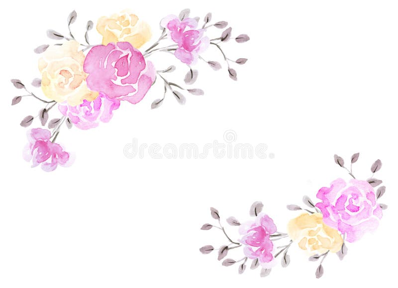 Hand drawn watercolor painting with roses flowers bouquet isolated on white background. Floral corner ornament. Design element