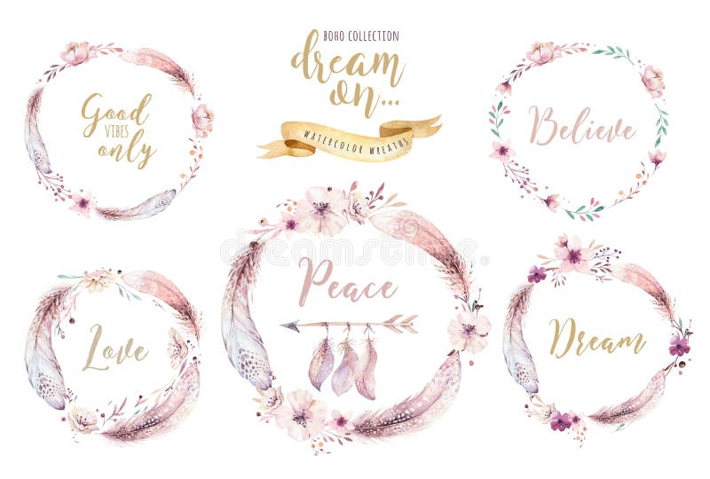 Hand drawn watercolor paintings vibrant feather wreath. Boho style rose wings. illustration isolated on white. Bird fly