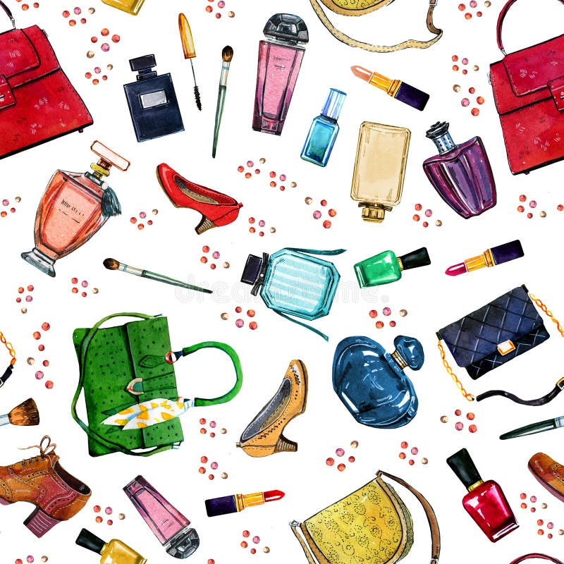 Hand drawn watercolor seamless pattern with female bags, perfumes, shoes and cosmetics royalty free illustration Hand drawn watercolor seamless pattern with female bags, perfumes, shoes and cosmetics royalty free illustration