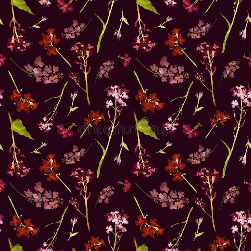 Hand drawn watercolor seamless pattern with field pink and red small flowers and herbs on a dark wine-colored background