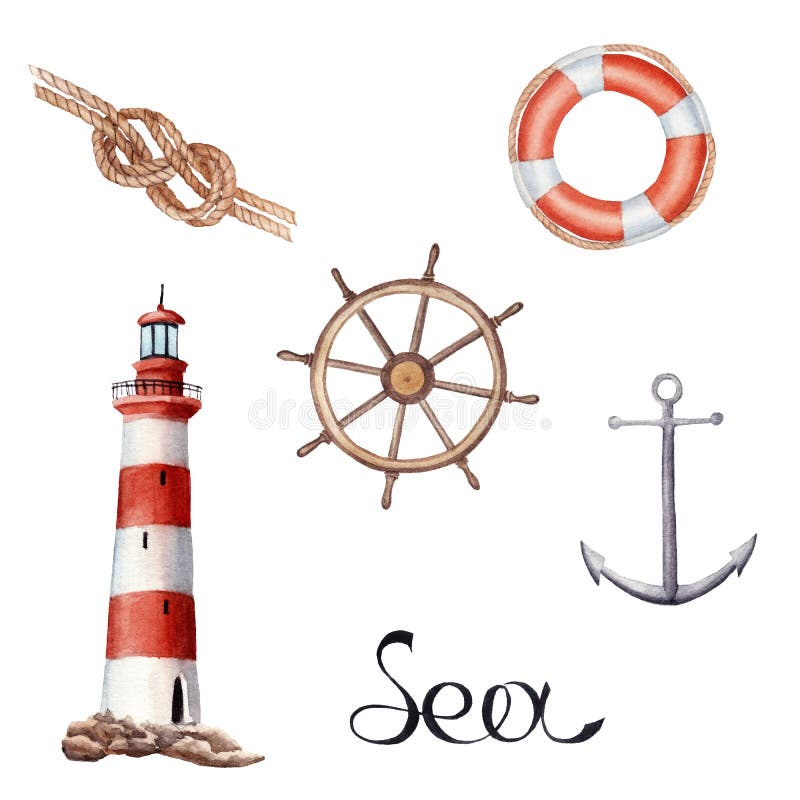 Hand drawn watercolor set with lighthouse, knot, vessel parts isolated stock illustration Hand drawn watercolor set with lighthouse, knot, vessel parts isolated stock illustration