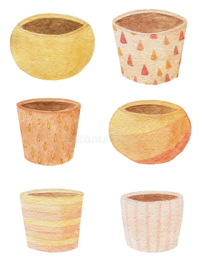 Hand Drawn Watercolor Set of Six Pots for Plants Isoltaed Stock