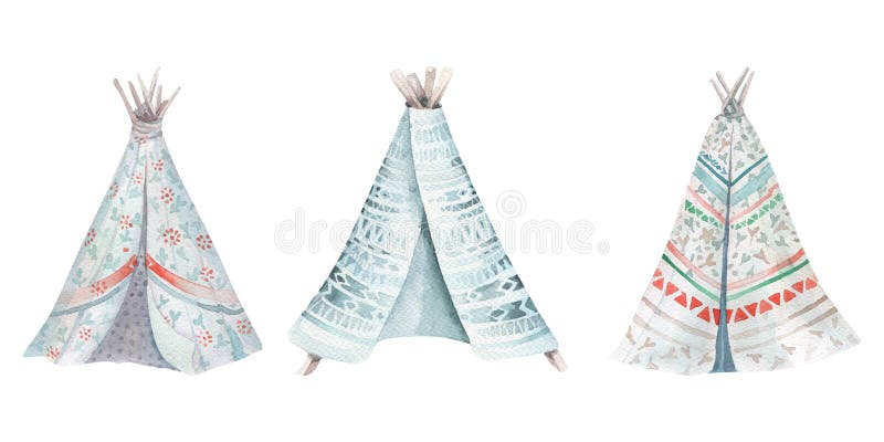 Hand drawn watercolor tribal teepee, isolated white campsite tent. Boho America traditional native ornament. Indian tee-pee with arrows and feathers. Hand drawn watercolor tribal teepee, isolated white campsite tent. Boho America traditional native ornament. Indian tee-pee with arrows and feathers