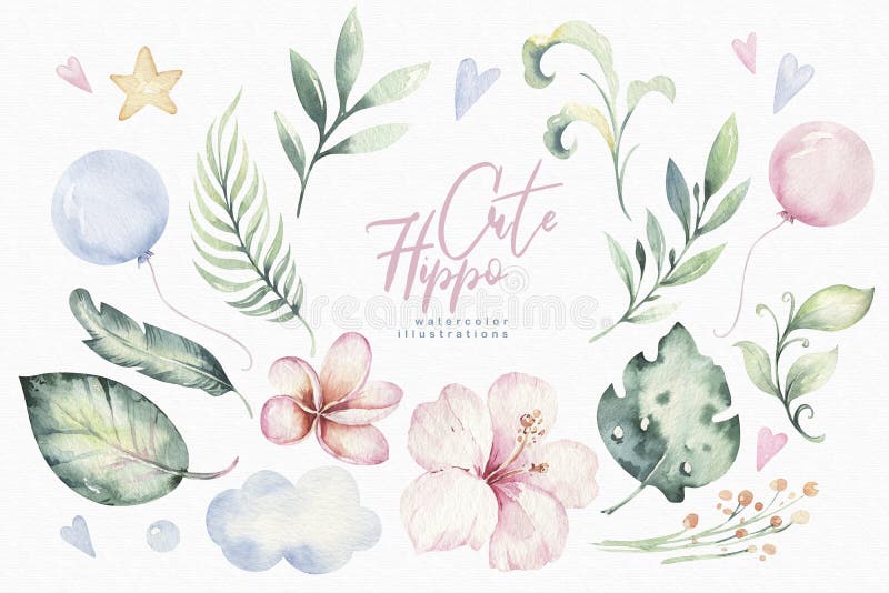 Hand drawn watercolor tropical flower set . Exotic palm leaves, jungle tree, brazil tropic botany elements and flowers. Perfect for fabric design. Aloha collection. Hand drawn watercolor tropical flower set . Exotic palm leaves, jungle tree, brazil tropic botany elements and flowers. Perfect for fabric design. Aloha collection.