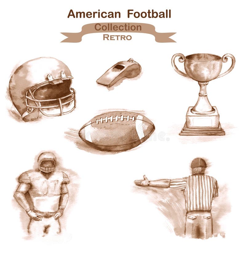 Hand-drawn waterverfillustratie - Amerikaanse Voetbalinzameling stock illustratie Hand-drawn waterverfillustratie - Amerikaanse Voetbalinzameling stock illustratie