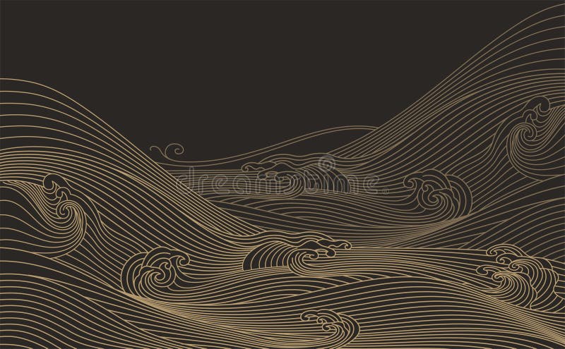 Hand drawn wave lines in traditional oriental Japanese style vector. Abstract seamless pattern with gold and black waves and lines vector background. Vector abstract seamless pattern vectors