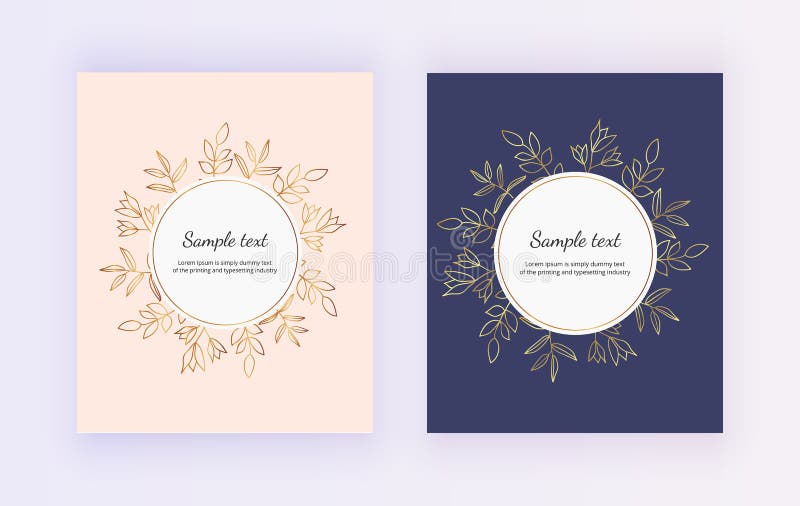 Hand drawn wedding invitation card. Golden lines contour flowers and leaves on the pink and dark blue background. Botanical design stock illustration Hand drawn wedding invitation card. Golden lines contour flowers and leaves on the pink and dark blue background. Botanical design stock illustration