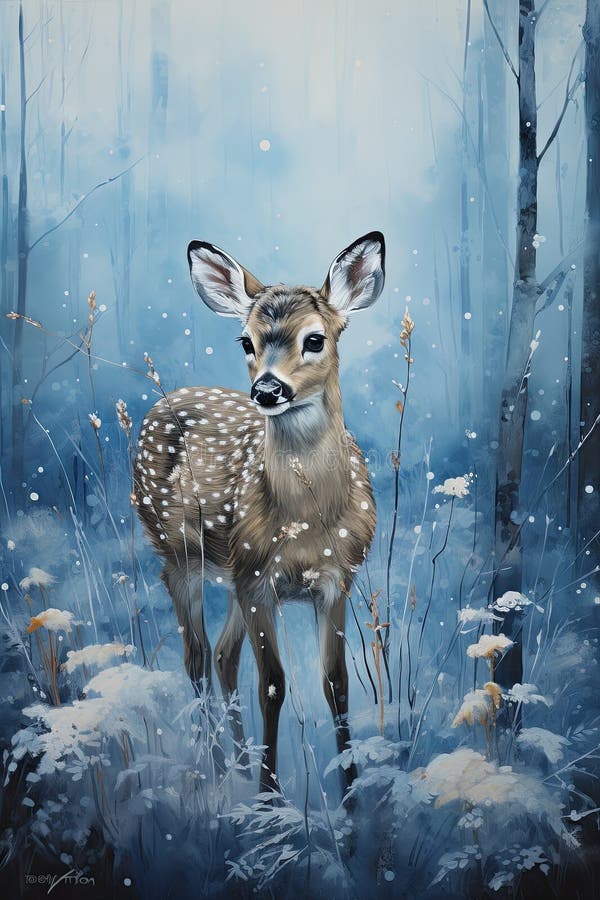 Hand-drawn wide shot, small white fawn, blue metallic sparkles, snow in a forest scene AI generated. Hand-drawn wide shot, small white fawn, blue metallic sparkles, snow in a forest scene AI generated