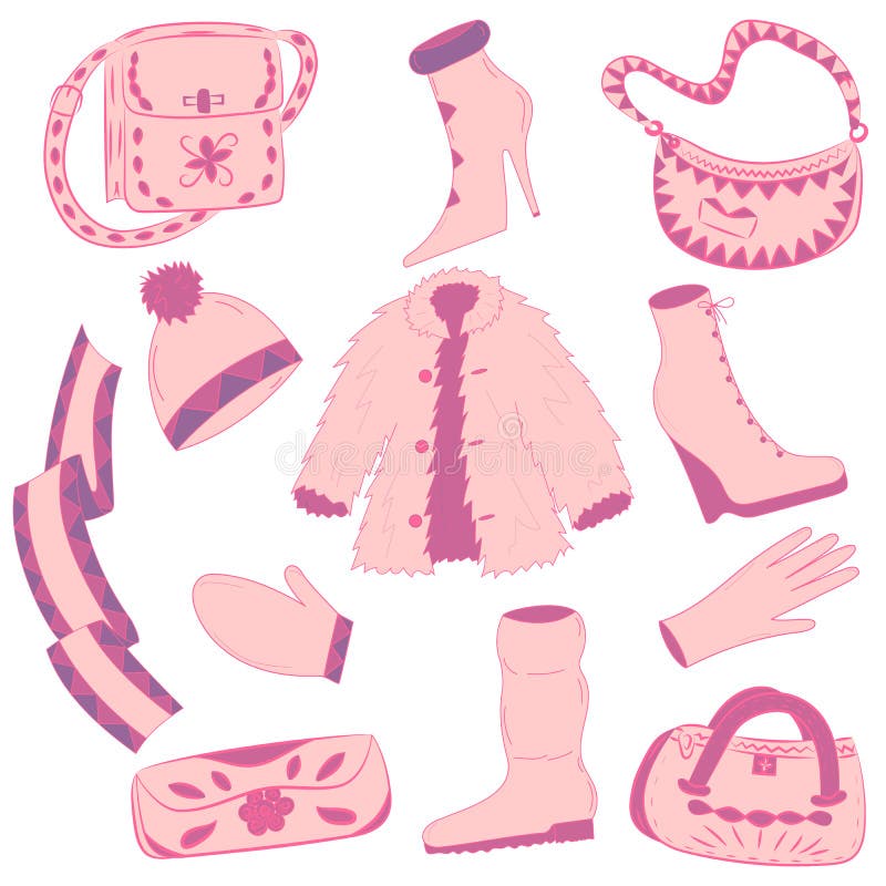 Hand Drawn Winter Clothes and Handbags. Glamourous Pink shoes on high heel, scarf, mitten, glove and fur coat