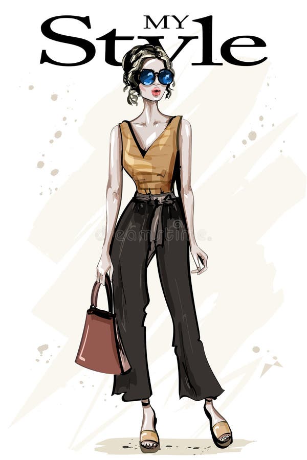 Hand drawn young beautiful woman with bag. Fashion woman in sunglasses. Stylish girl. Sketch.