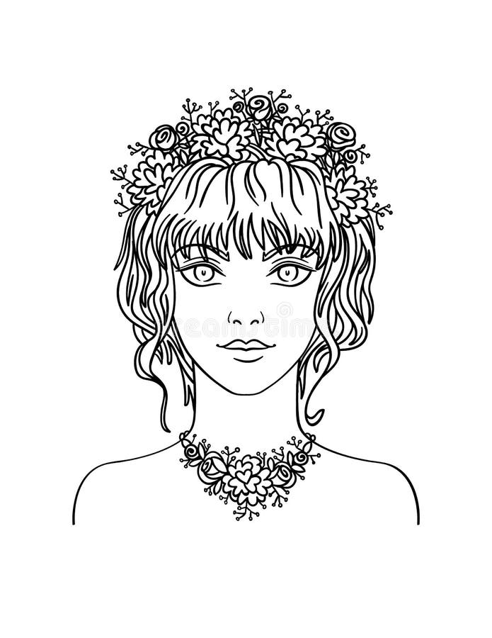 Hand Drawn Young Girl With Curly Hair And Flowers Stock