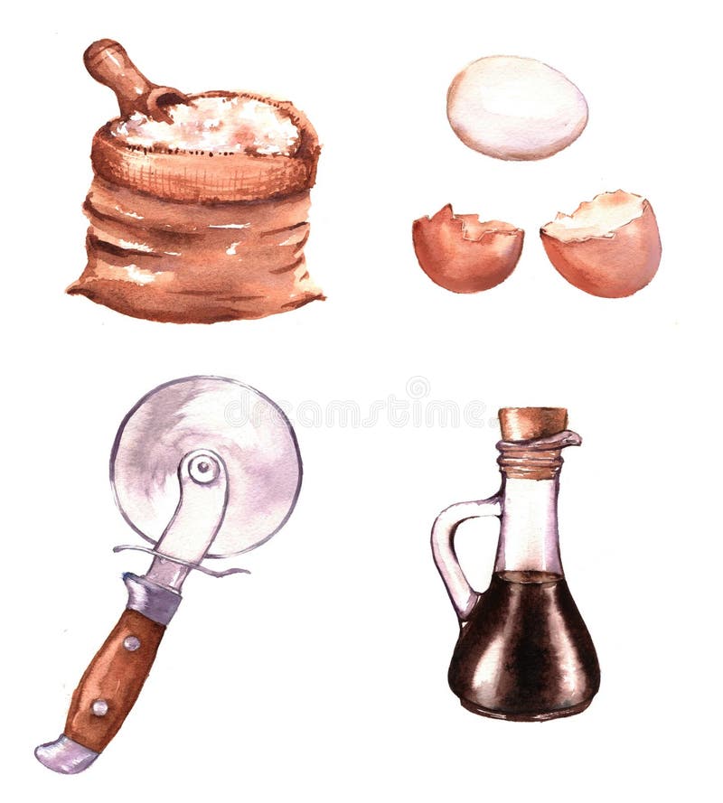 Hand-drawn απεικόνιση watercolor των διαφορετικών προϊόντων: φρέσκα αυγά, αλεύρι, βαλσαμικοί ξίδι και κόπτης πιτσών ελεύθερη απεικόνιση δικαιώματος Hand-drawn απεικόνιση watercolor των διαφορετικών προϊόντων: φρέσκα αυγά, αλεύρι, βαλσαμικοί ξίδι και κόπτης πιτσών ελεύθερη απεικόνιση δικαιώματος