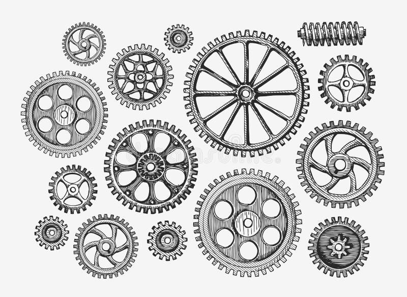 Hand drawn vintage gears, cogwheel. Sketch mechanism, industry Vector illustration. Hand drawn vintage gears, cogwheel. Sketch mechanism, industry Vector illustration