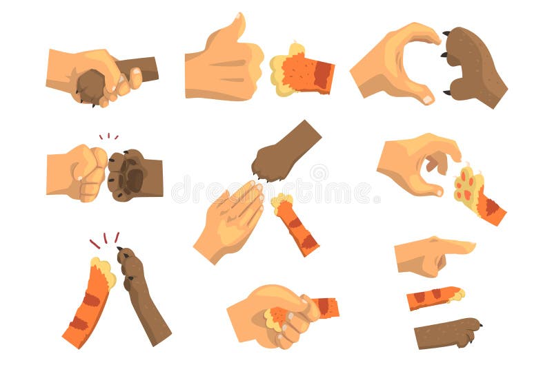 Hand eines Mannes, der Tiertatzensatz hält, Tier und Menschenhändedruck vector Illustrationen stock abbildung Hand eines Mannes, der Tiertatzensatz hält, Tier und Menschenhändedruck vector Illustrationen stock abbildung