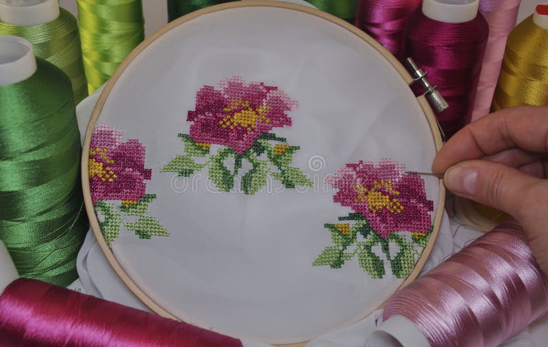 Embroidery And Cross Stitch Accessories On Pink Background Flat Lay Stock  Photo - Download Image Now - iStock