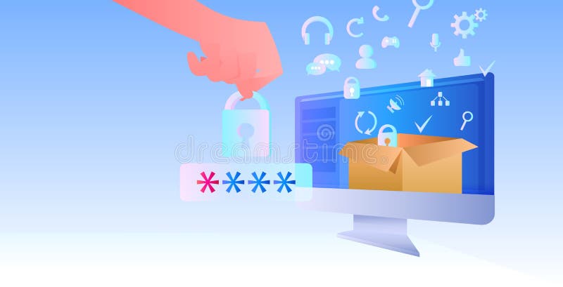 Hand entering password computer app protection shield with padlock data privacy security protection concept vector illustration