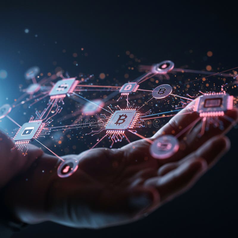 A hand is extended, appearing to hold a digital network. Floating symbols and circuitry stock illustration