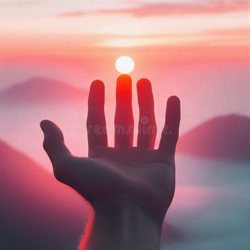 A hand extended towards a setting or rising sun vector illustration
