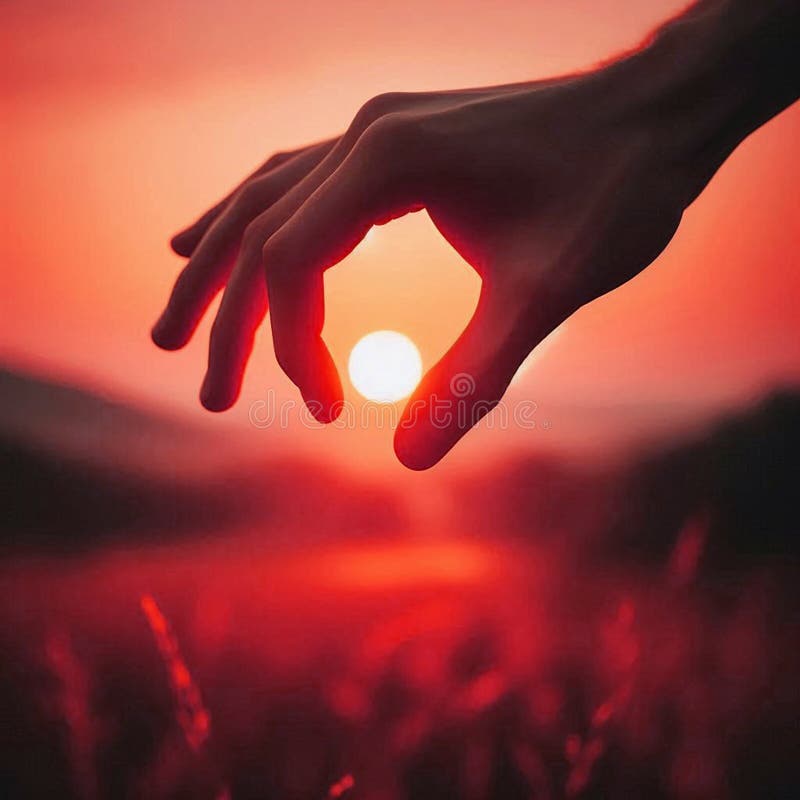 A hand extended towards a setting or rising sun stock illustration