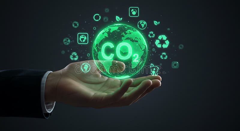 A hand extends with a digital rendering of a green Earth, prominently displaying vector illustration