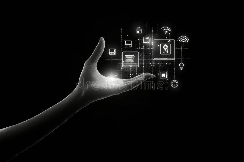 A hand extends toward a digital display filled with settings and security icons, emphasizing technology's royalty free stock images