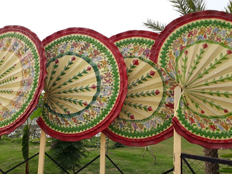 Hand Fan Decoration in the Park, Organic Fan in India, Hand Fan. Stock