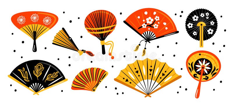 Hand Fans. Cartoon Chinese Handheld Accessories. Different Shapes Design.  Oriental Folding Attributes. Artificial Breeze Stock Vector - Illustration  of closed, china: 253836561