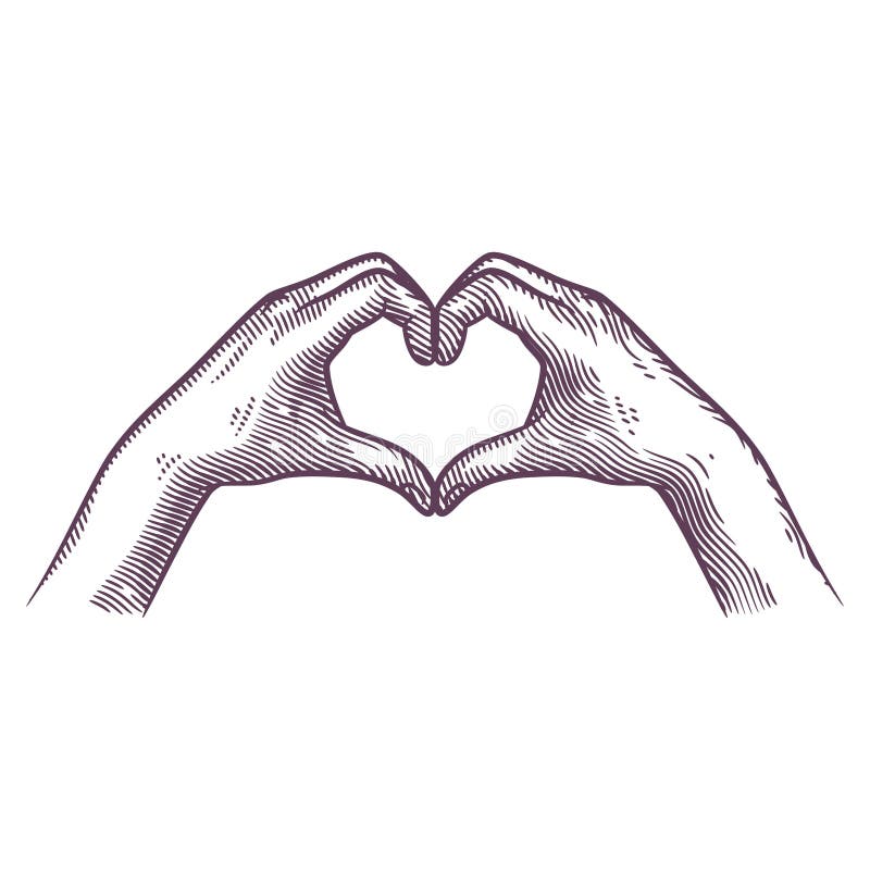 Hand fingers making heart shape in engraving style stock illustration