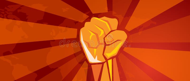 Hand fist revolution symbol of resistance fight aggressive retro communism propaganda poster style in red with world map royalty free illustration