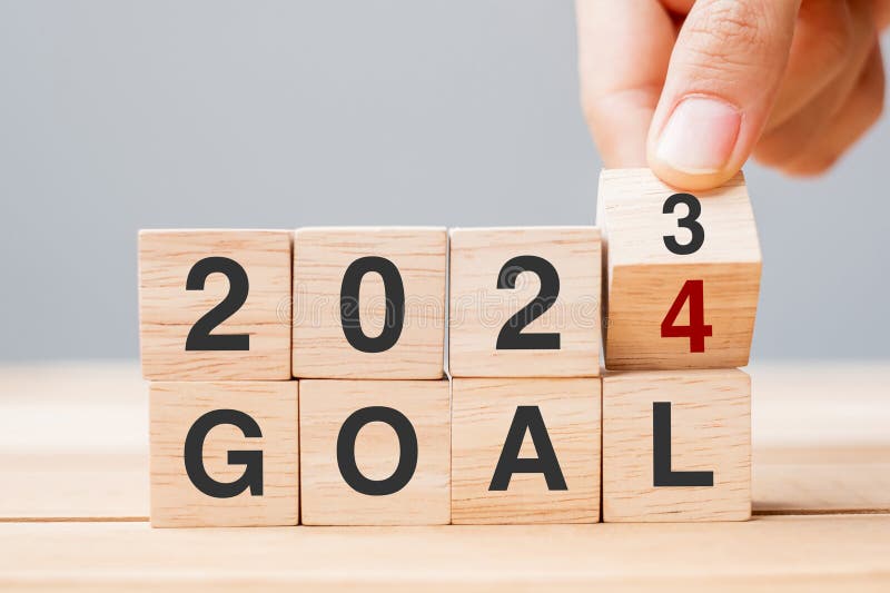 2024 Goal, Plan, Action. 2024 Happy New Year Concept, Wooden Cube Block