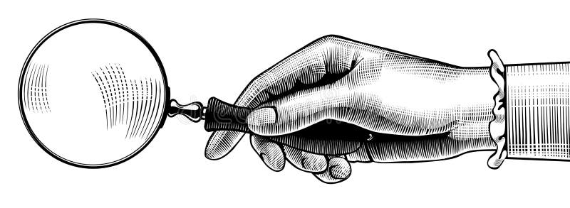 Hand för kvinna` s med ett gammalt förstoringsglas vektor illustrationer
