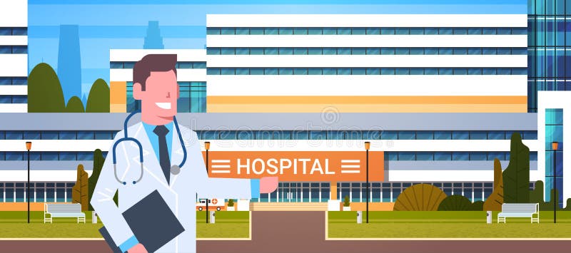 Hand för punkt för manlig byggnad för doktor Standing Over Hospital yttre på modern klinik royaltyfri illustrationer Hand för punkt för manlig byggnad för doktor Standing Over Hospital yttre på modern klinik royaltyfri illustrationer