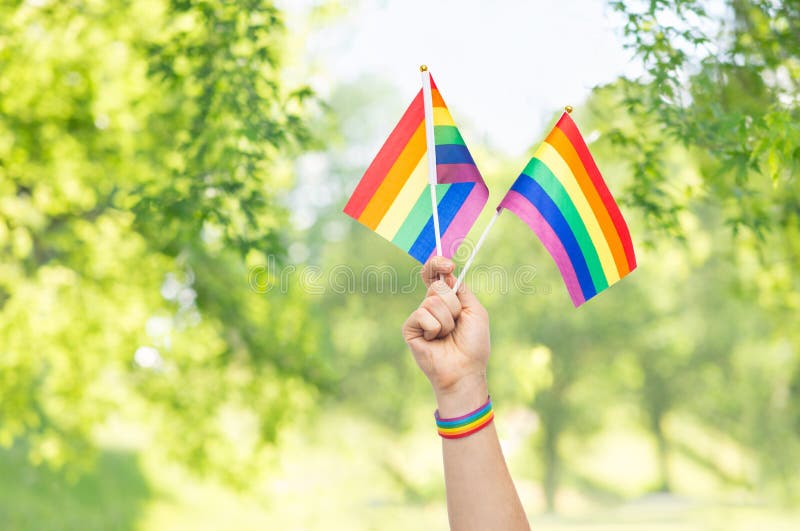Hand With Gay Pride Rainbow Flags And Wristband Stock Image Image Of