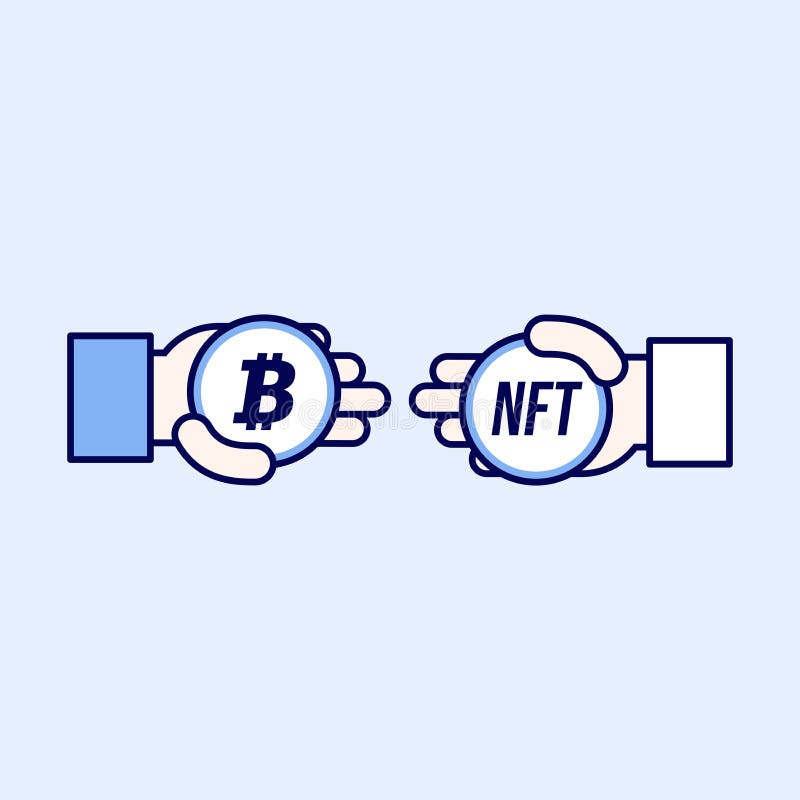 Hand geben nicht fungible Token andere Geschäftsmann hält ein Bitcoin. Umtausch von Kryptowährungen auf das nft-Symbol. vektor abbildung